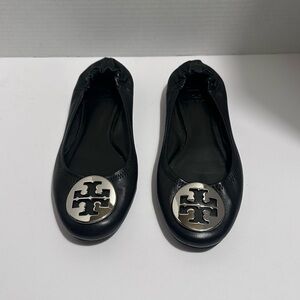Tory Burch women’s Black Leather Ballet Flats with Silver Accent